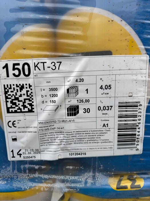 Wełna mineralna szklana KT-37 Isover 15cm lambda 0,037 150mm promocja!