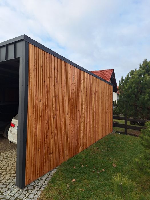 Garaż Carport Duża wiata samochodowa Modrzew duoromb elewacja nowoczes