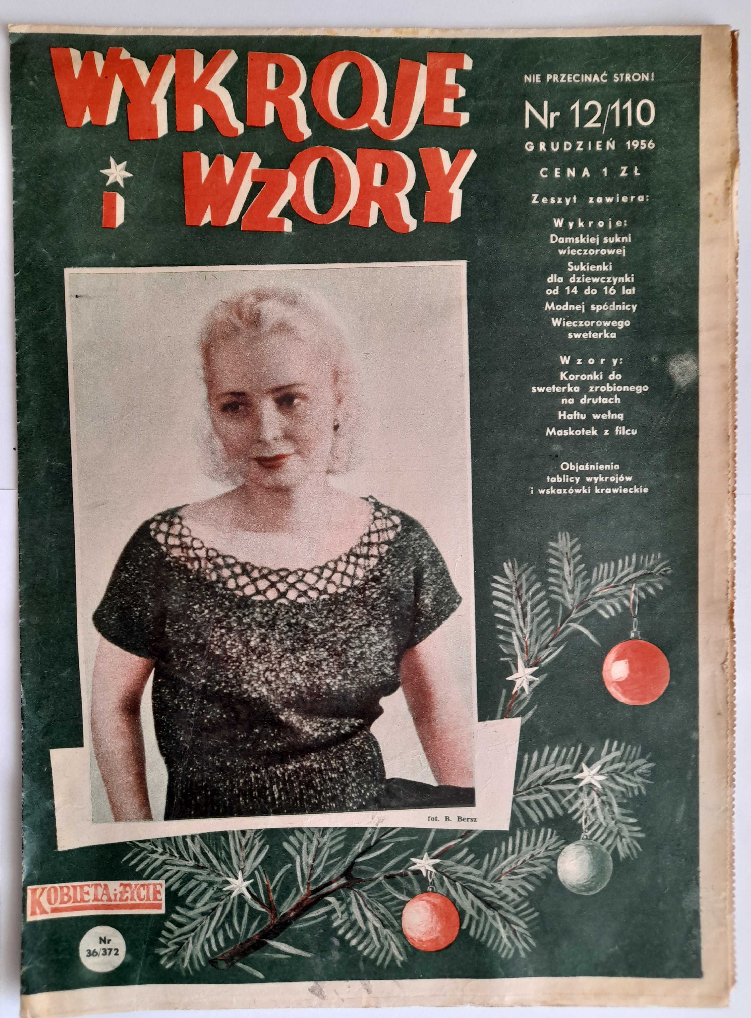 WYKROJE I WZORY 12 / 1956 wykroje - suknia, sukienka, sweter 1956 rok