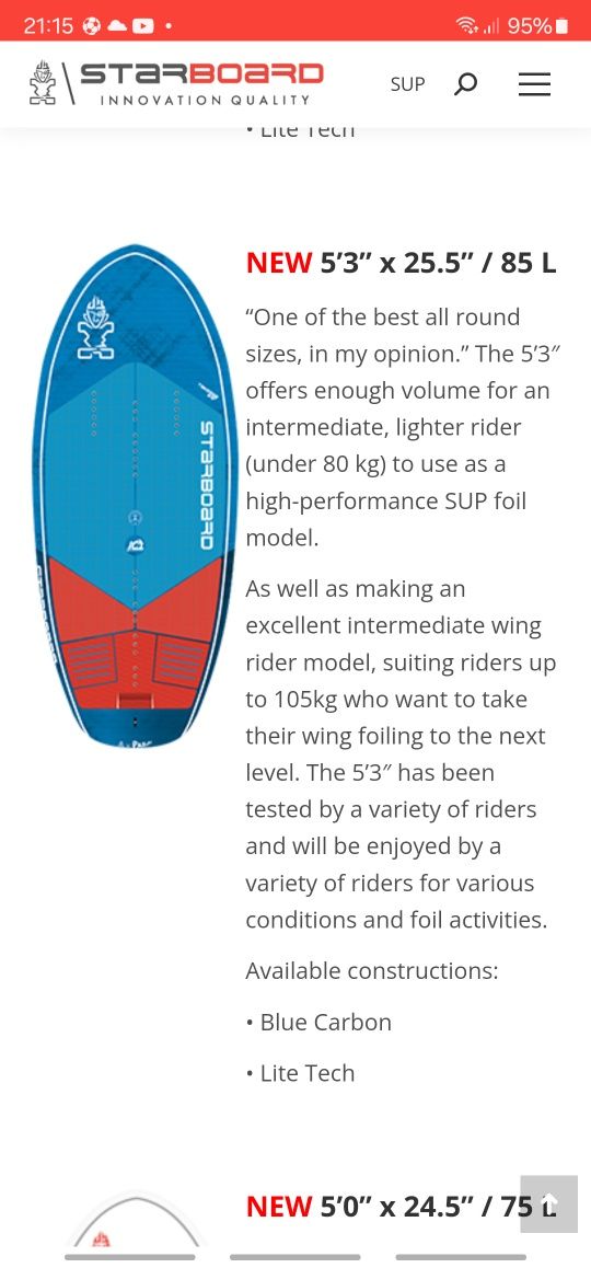 Starboard wingfoil 5`3, 85 litros, modelo Take Off, Blue carbon