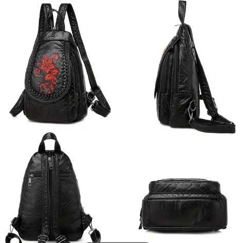 Vintage czarny plecak damski ozdobiony haftem kwiatowym lotosu