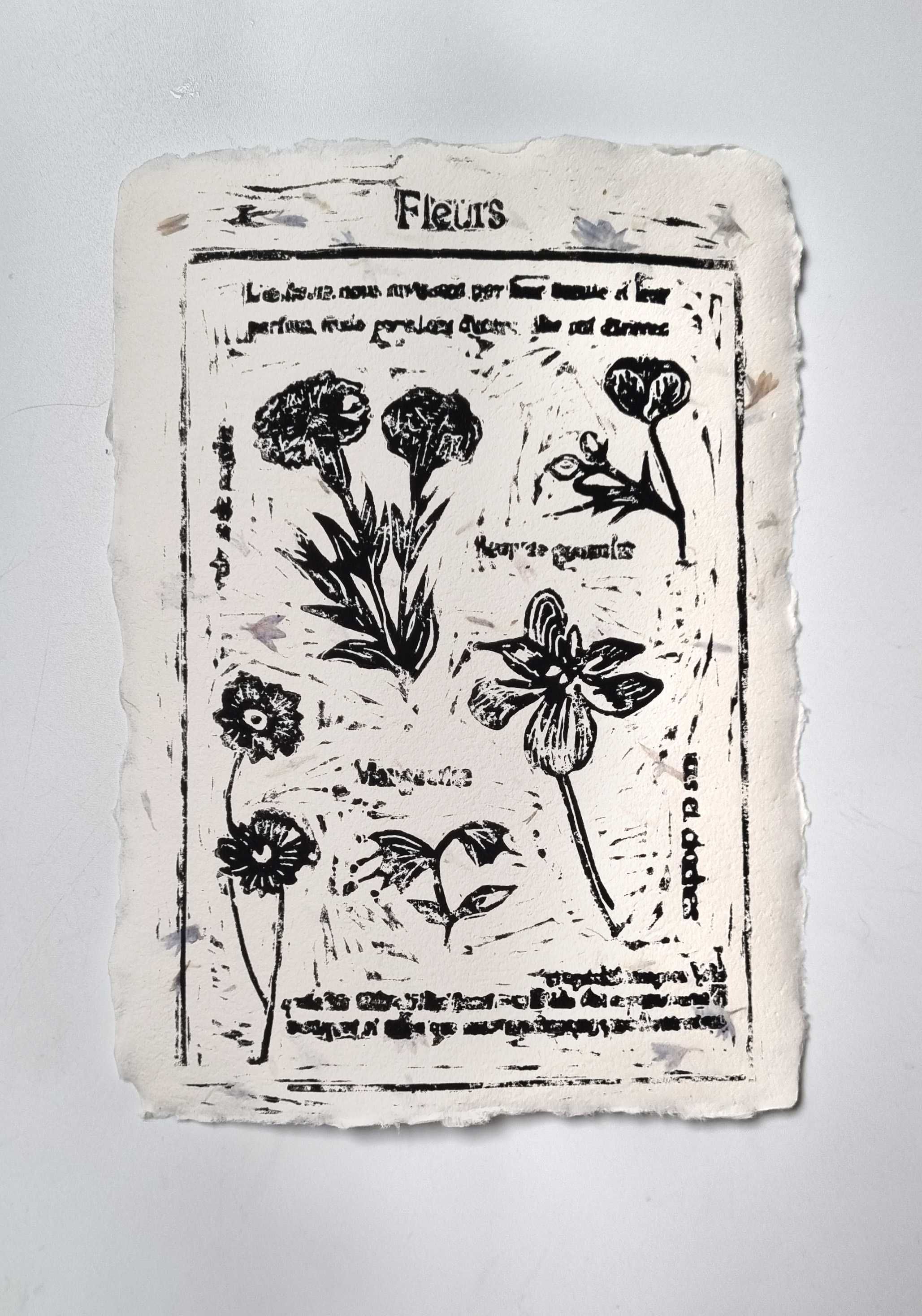 linoryt, plakat z kwiatami grafika
