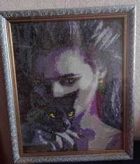 Картина вышитая бисером в рамке"Девушка с котиком"
