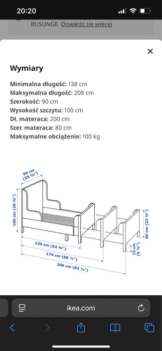 Łóżko - rozsuwana rama 80 x 200 Busange + materac