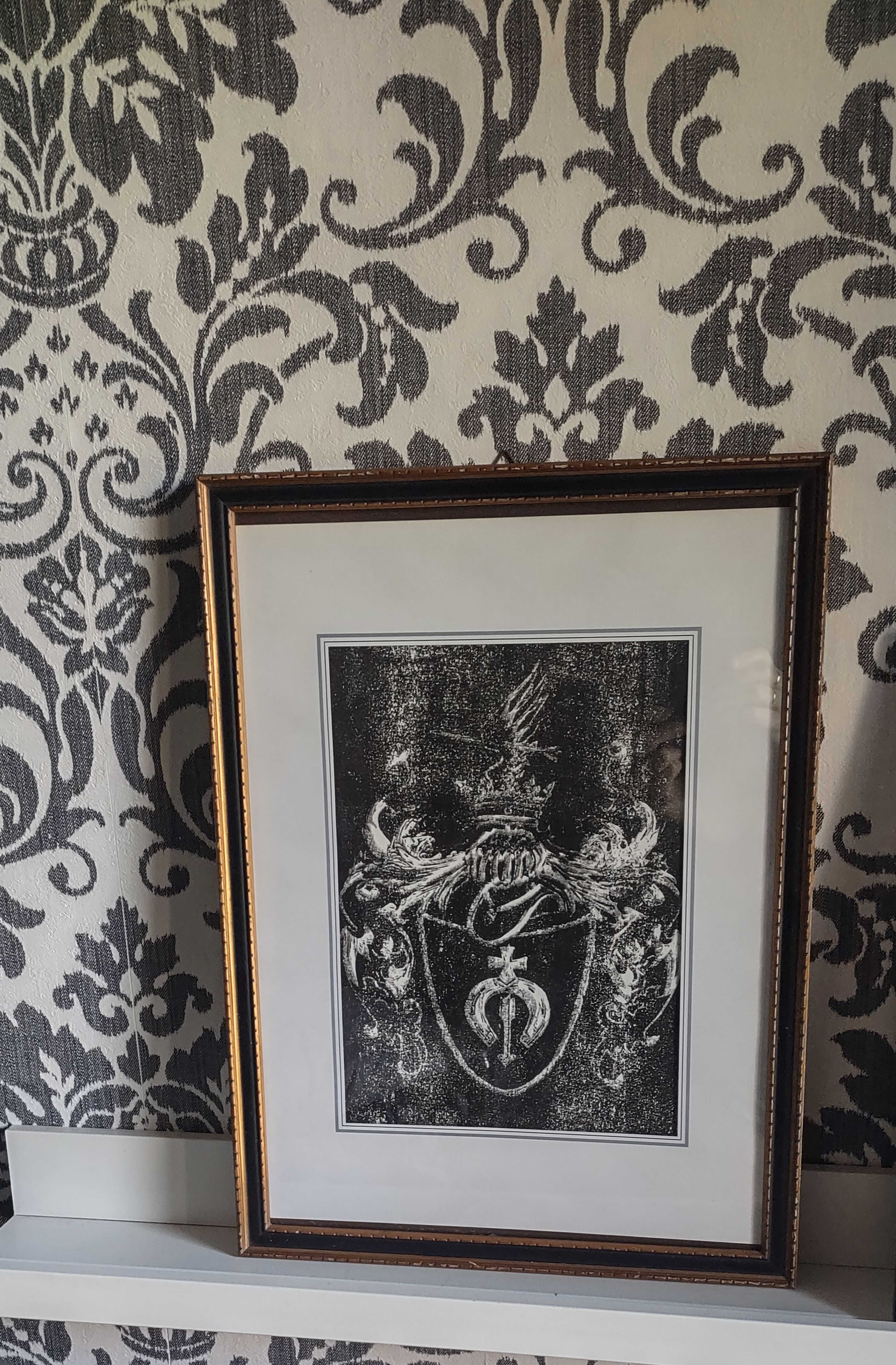 Herb Dołęga szlachecki artystyczna grafika w starej ramie 33x45cm.