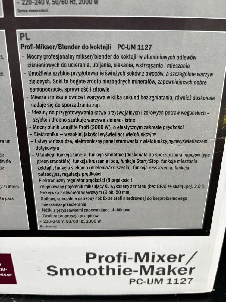 Profi-Cook PC-UM 1127 Profesjonalny Mikser/Blender 2000W NOWY KIELICH