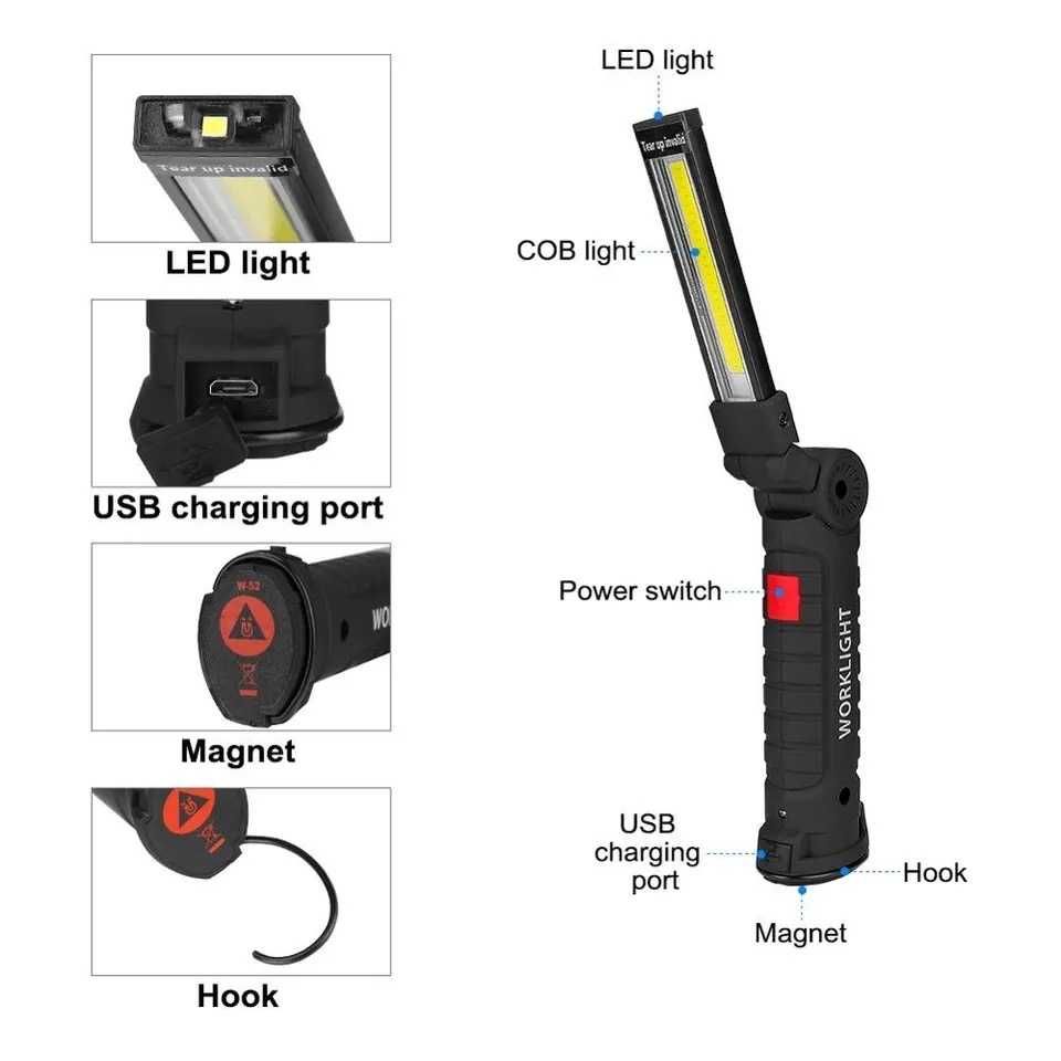 LAMPKA Latarka WARSZTATOWA LED COB Z Magnesem usb 5w1