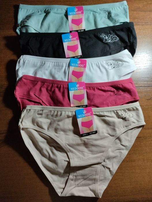 Bawełniane figi damskie z króliczkami, rozmiar L, 5 par - super jakość