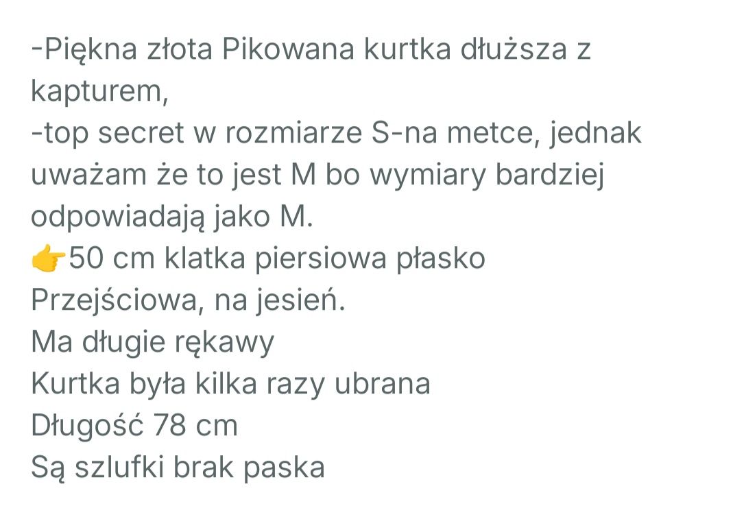 Złota kurtka dłuższa pikowana damska z kapturem r. M top secret