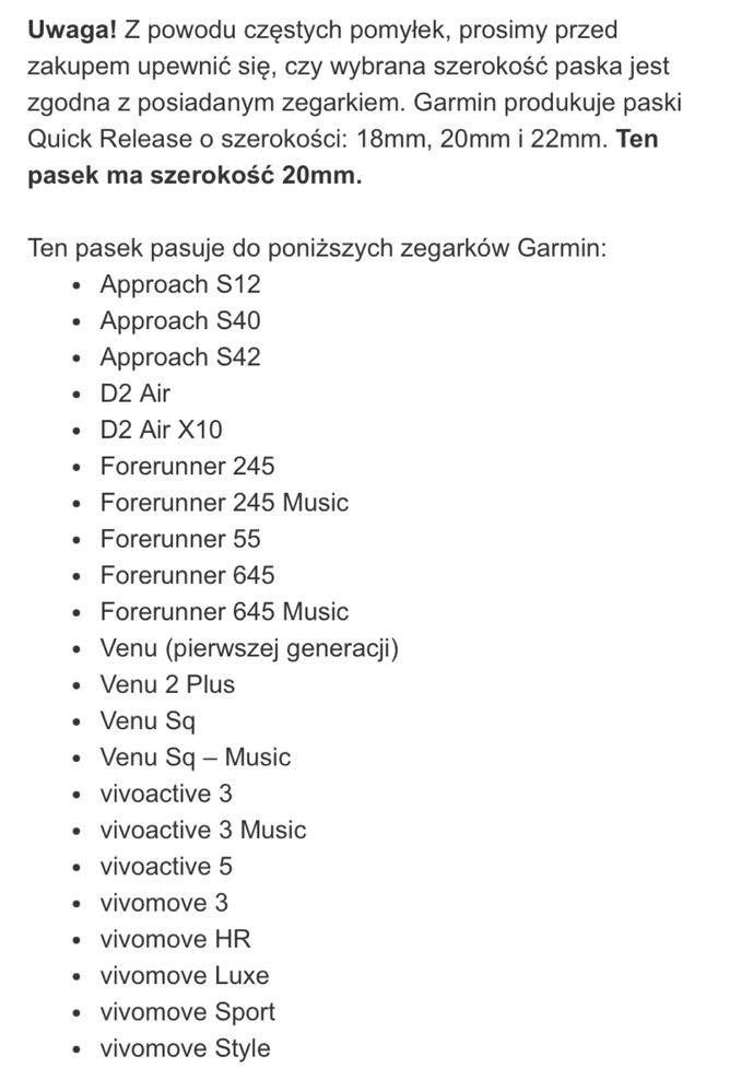 Nowy sylikonowy pasek Garmin Quick Release 20mm