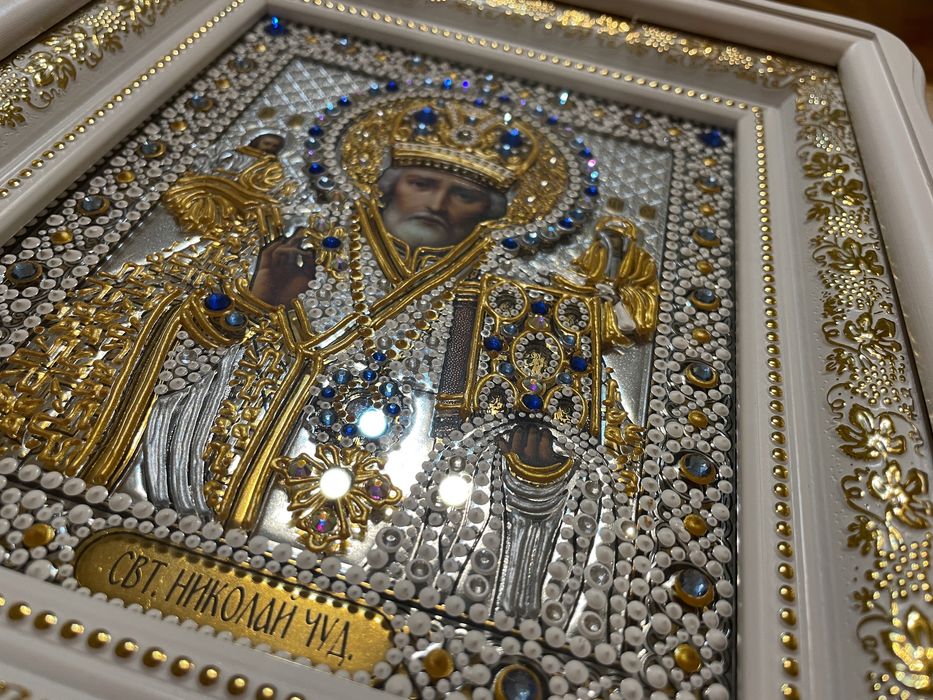 Ікона Св. Миколай. Икона Св. Николай. Ручна робота з стразами.