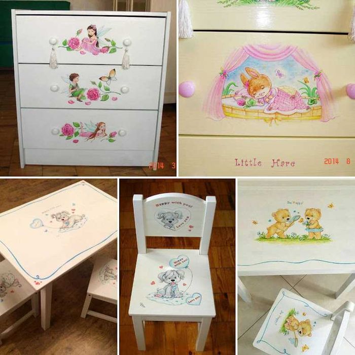 Дитячи меблі з дерева з розписом. Столи, стільці.