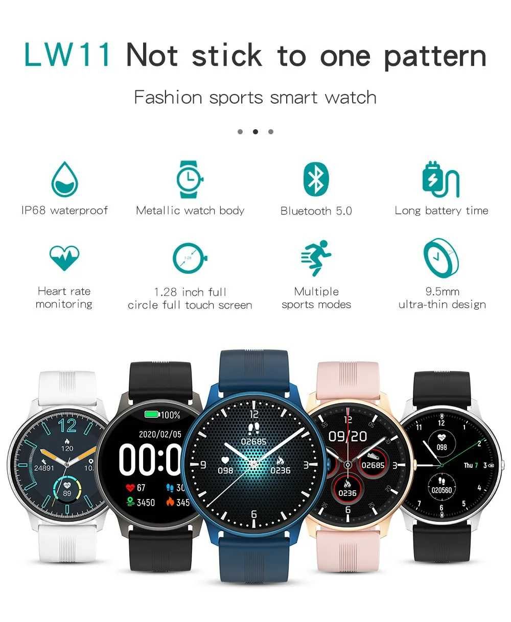 Smartwatch LW11 kroki tętno ciśnienie O2 powiadomienia PL czarny