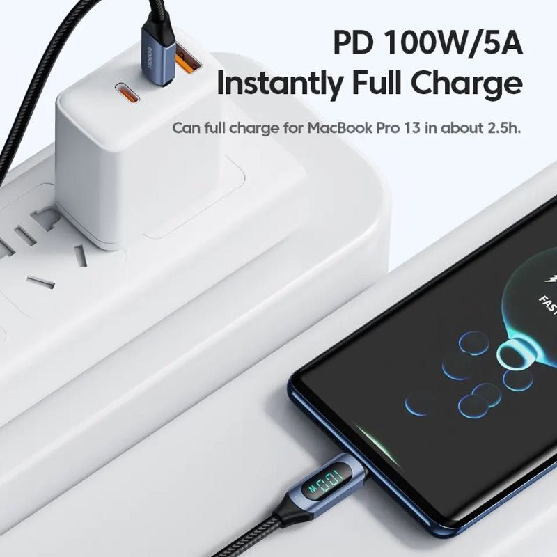 Kabel Szybkiego Ładowania USB-C 100W Przewód 2m Toocki Wyświetlacz LED