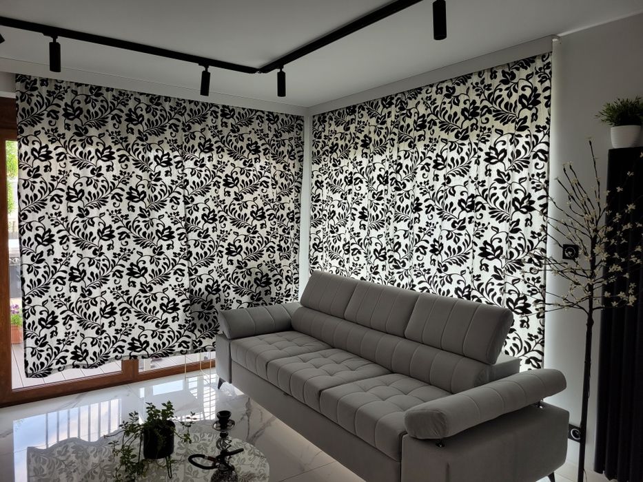 Komplet 2 dużych zasłon Eurofirany, welurowy wzór kwiaty/liście