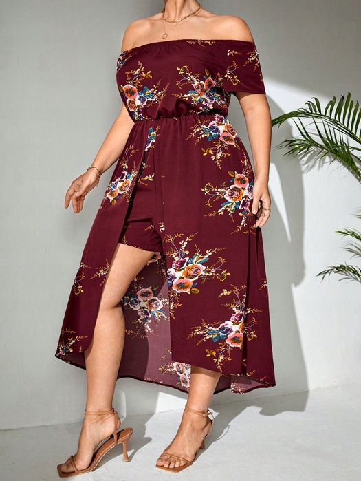 Kombinezon Letni Boho Hiszpanka W Kwiaty Burgundowy Casual Shein Xxl