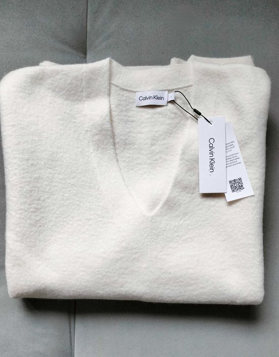 Sweter Calvin Klein, ecru, NOWY z metką, wełniany, 100% wełny