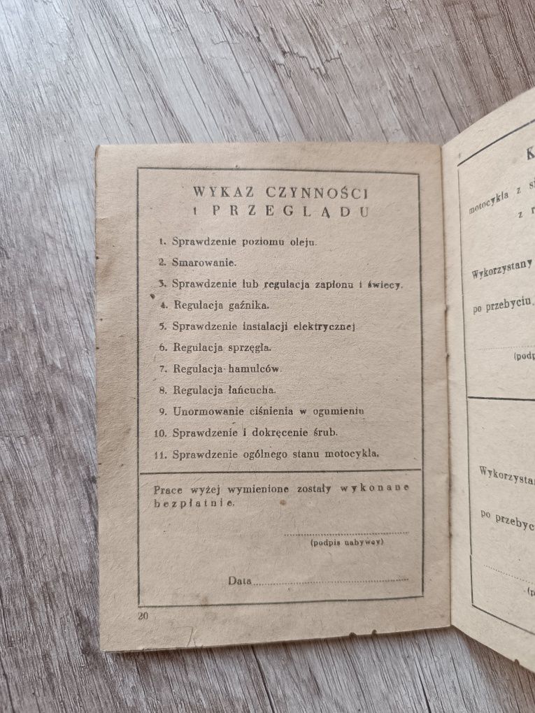 Książka gwarancyjna motocykla WSK M06-L WSK Świdnik 1962 r. Rzeszów