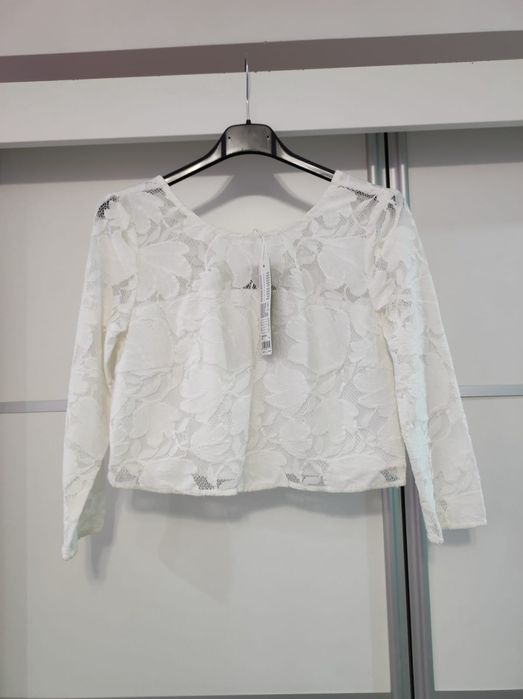 Biała krótka bluzka długi rękaw koronkowa elegancka Esprit S