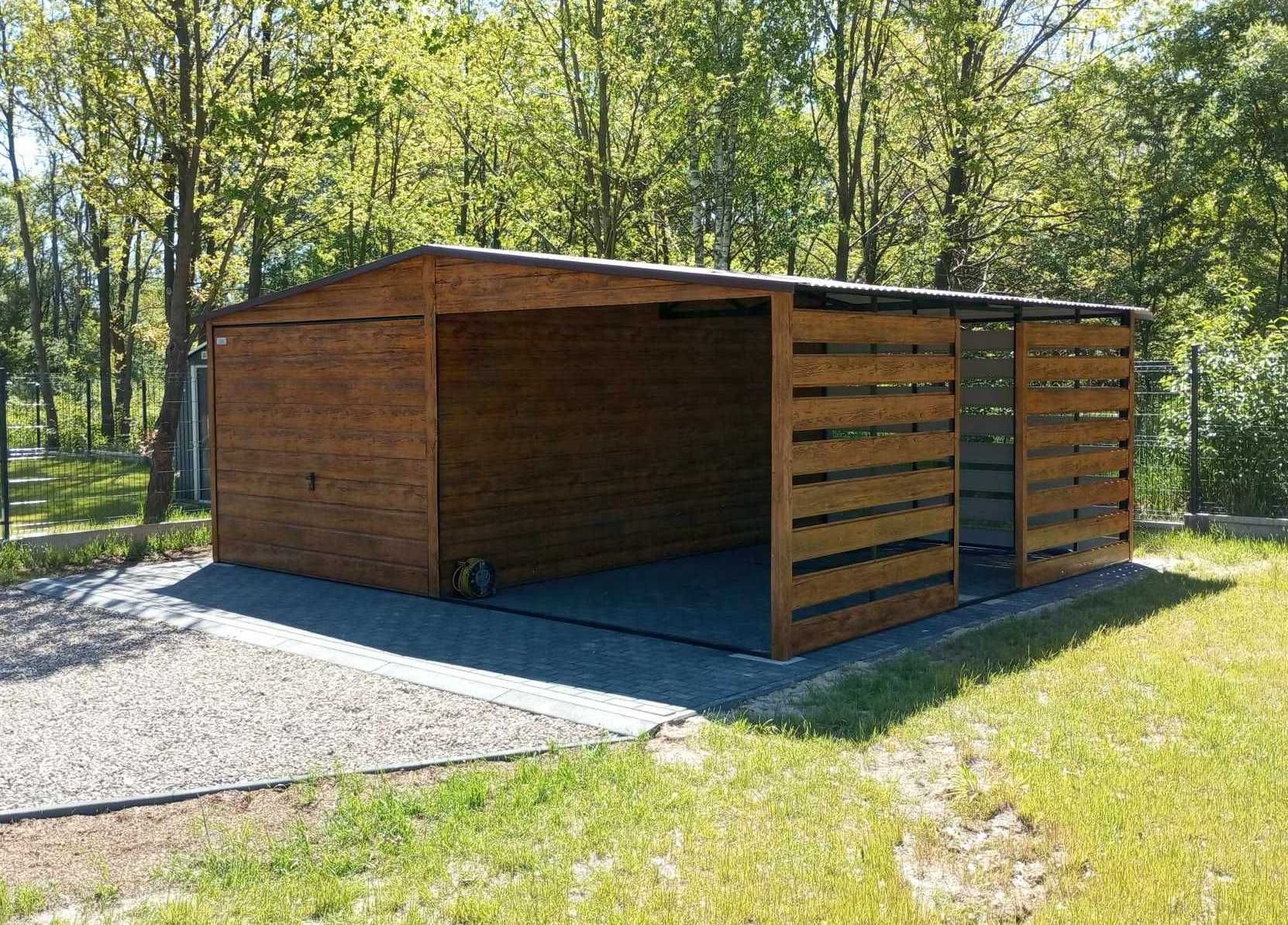 Garaż blaszany z altaną drewnopodobny brama uchylna PRODUCENT (249)