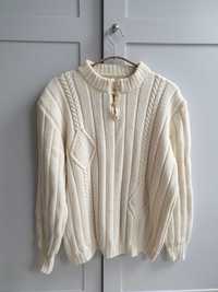 Biały kremowy ręcznie robiony sweter handmade z warkoczem 40 42