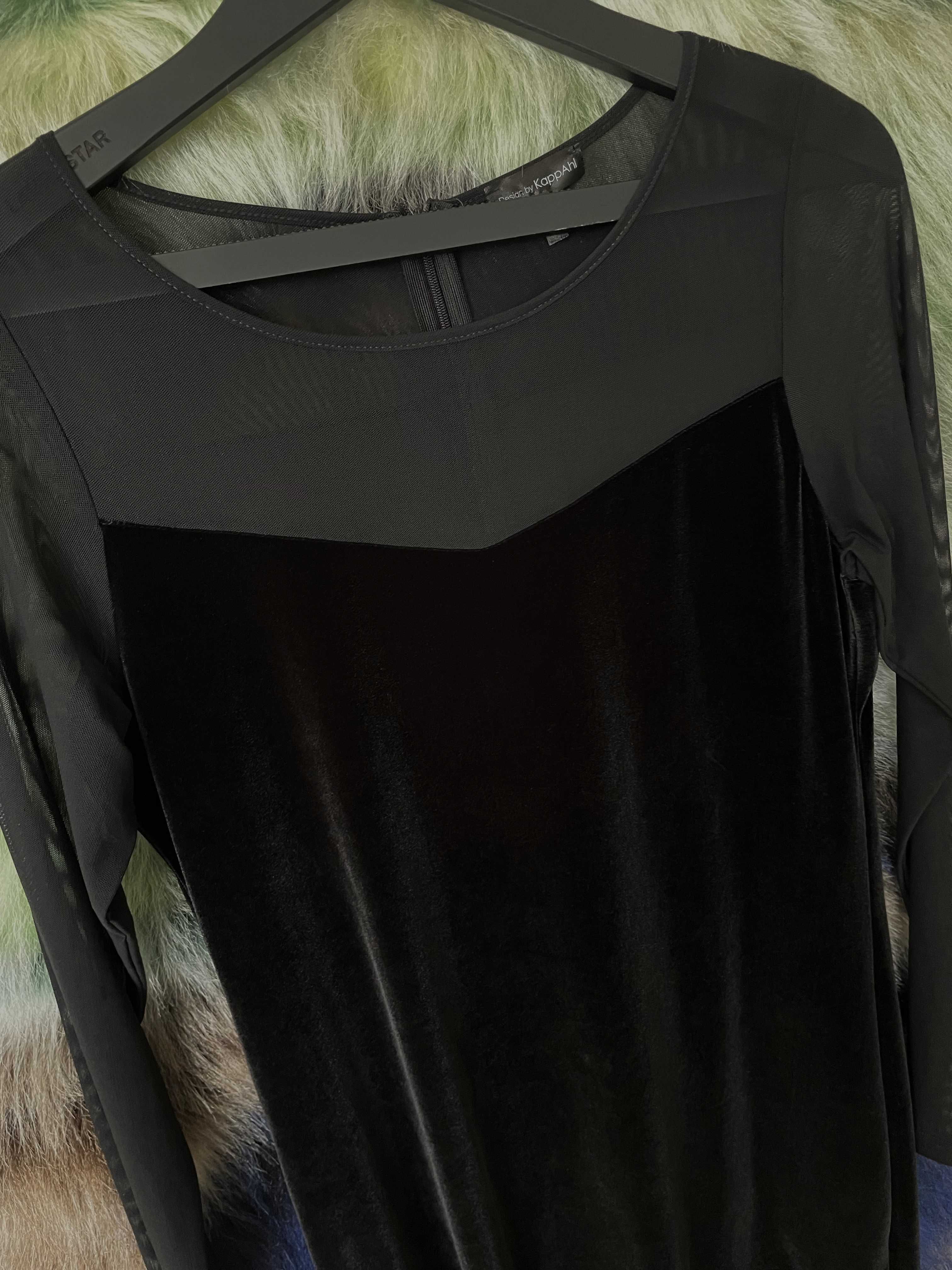 Czarna sukienka tunika KappAhl welurowa z tiulowym rękawem r. L/ XL