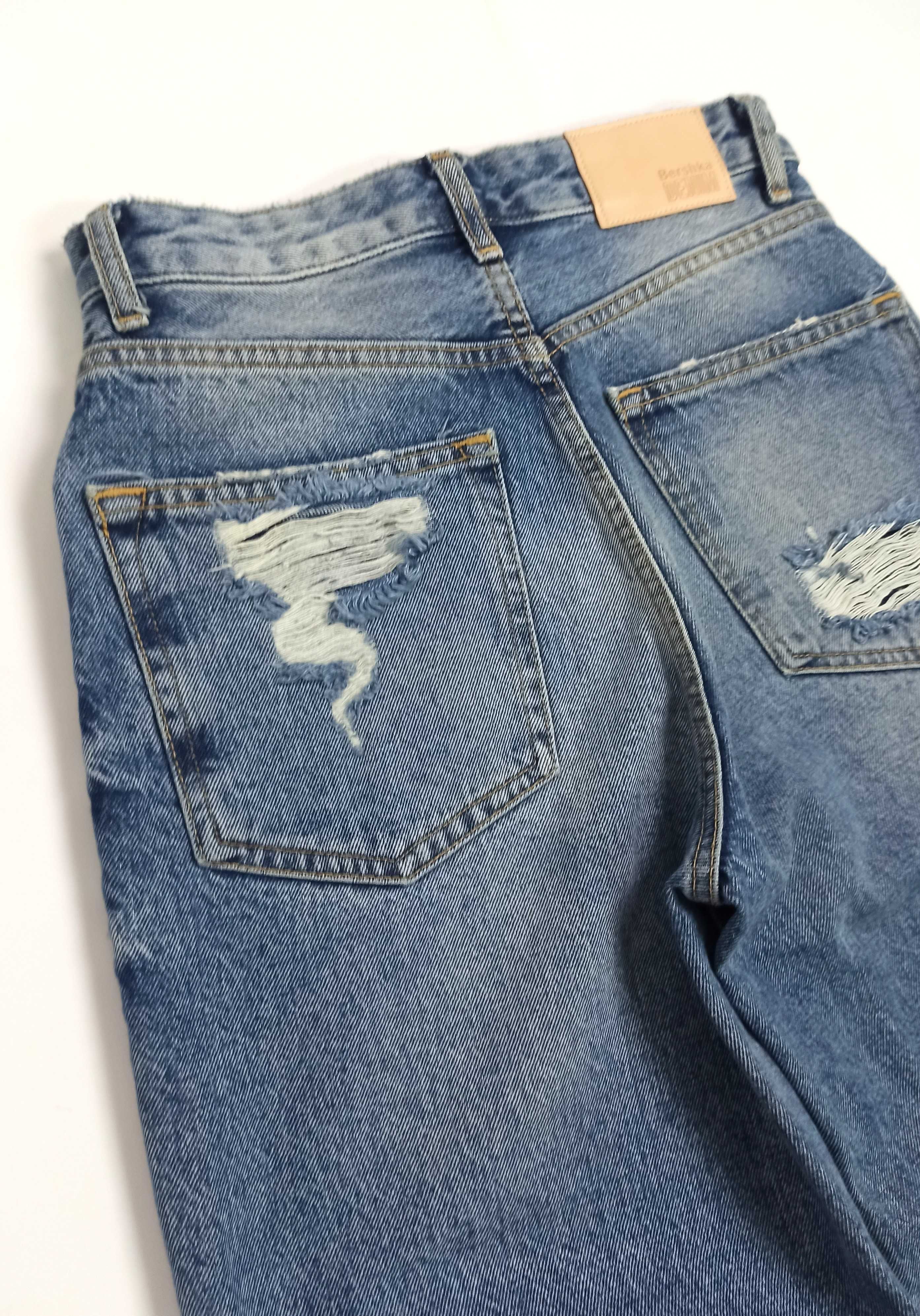 dżinsy jeans niebieskie wycieranie z wysokim stanem MOM z rozdarciami