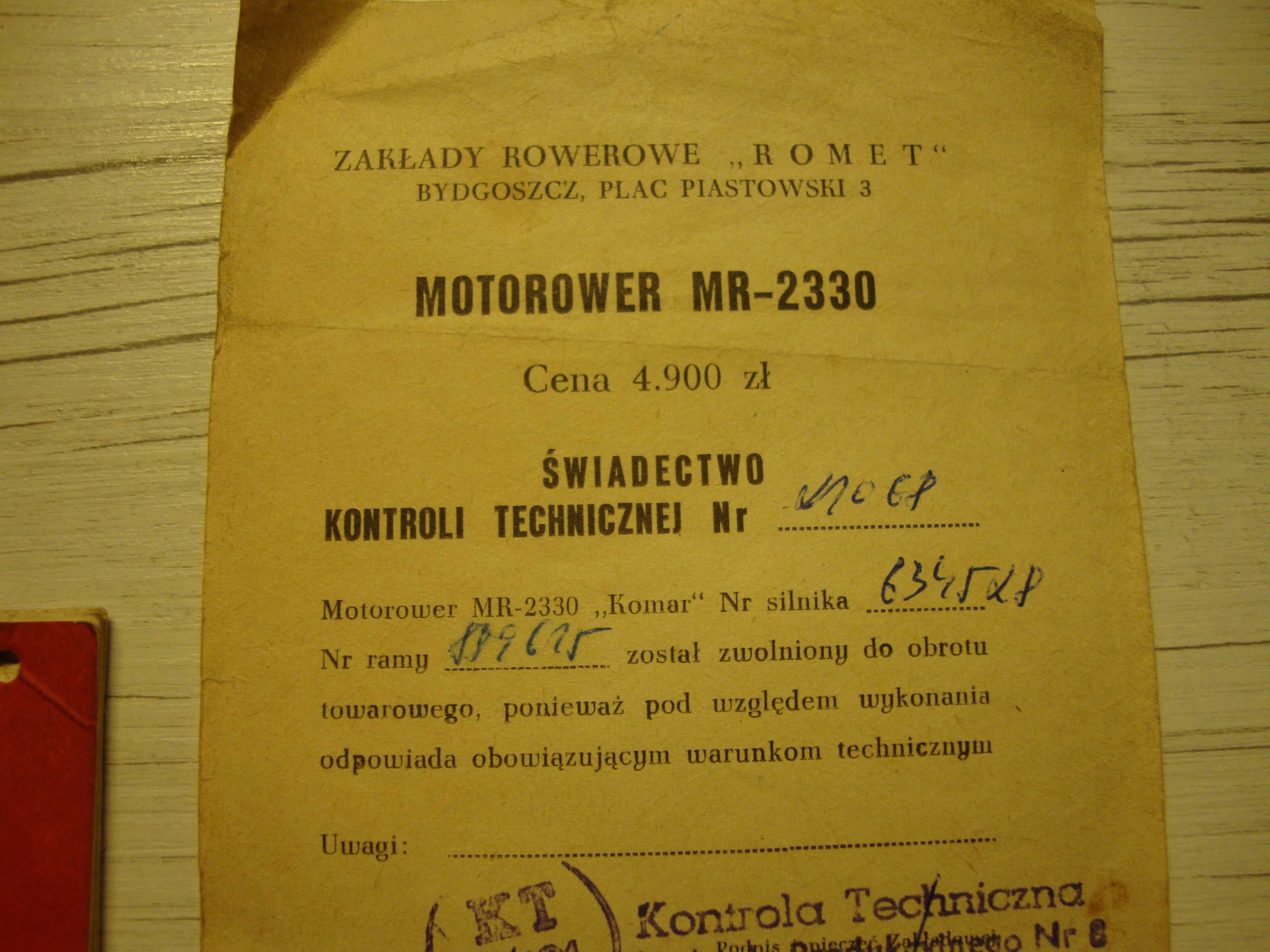 Książka gwarancyjna na motorower KOMAR + kontrola techniczna 1971