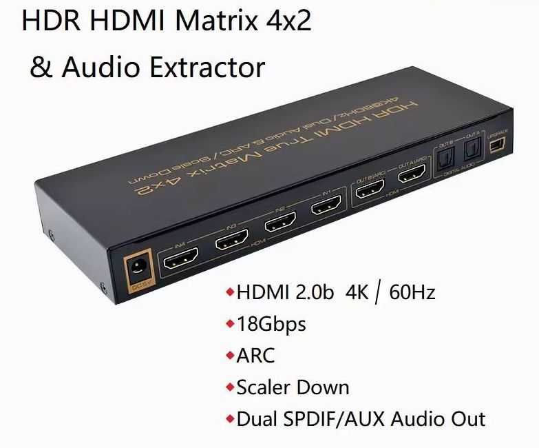 HDR HDMI 4K Matrix 4x2, dual ARC out, HDMI switch, przełącznik