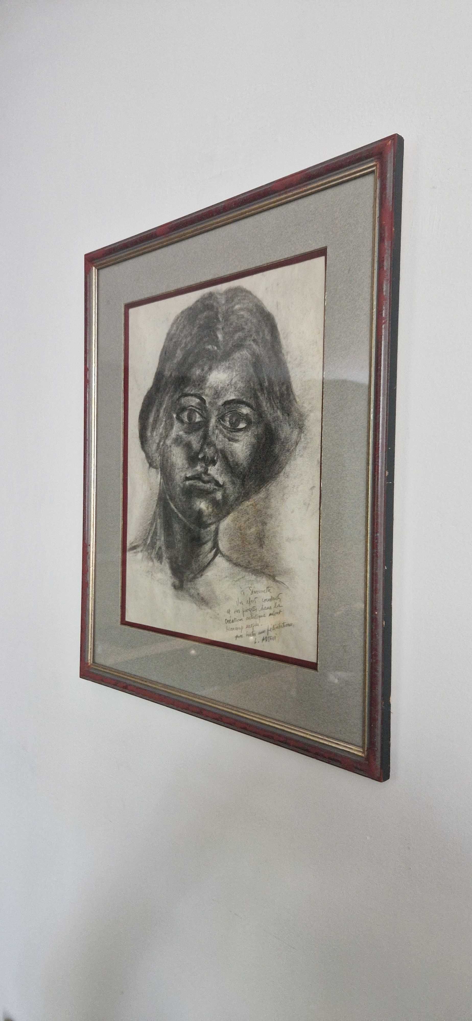 Stary obraz rysunek weglem portret sygnowany dekor tanio secesja