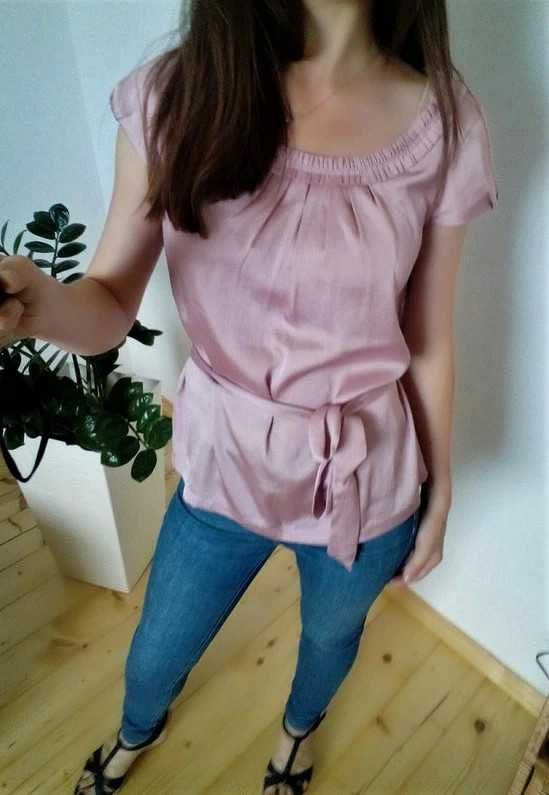 Pastelowa różowa bluzka damska z wiązaniem H&M S 36