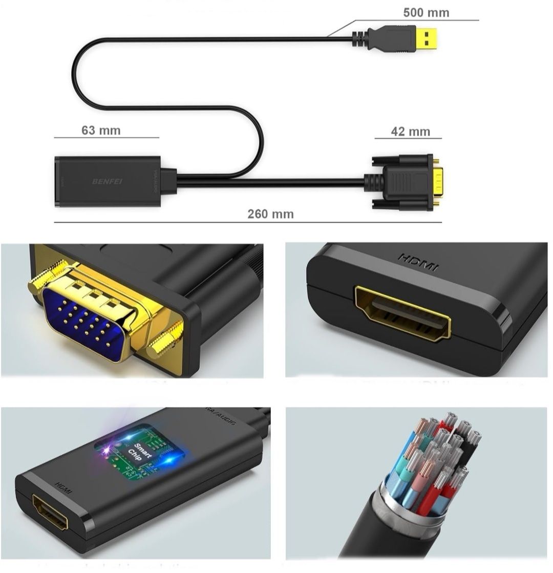 Adapter  VGA–HDMI Przetwornik 1080p z  Dźwiękiem