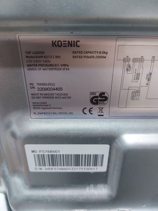 Вертикальна пральна машина вертикалка Koenic 8кг KWM 8212 C INV