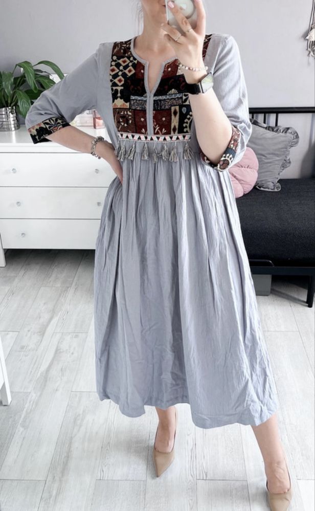 Bawełniana sukienka z odcięciem i chwostami boho style luźna