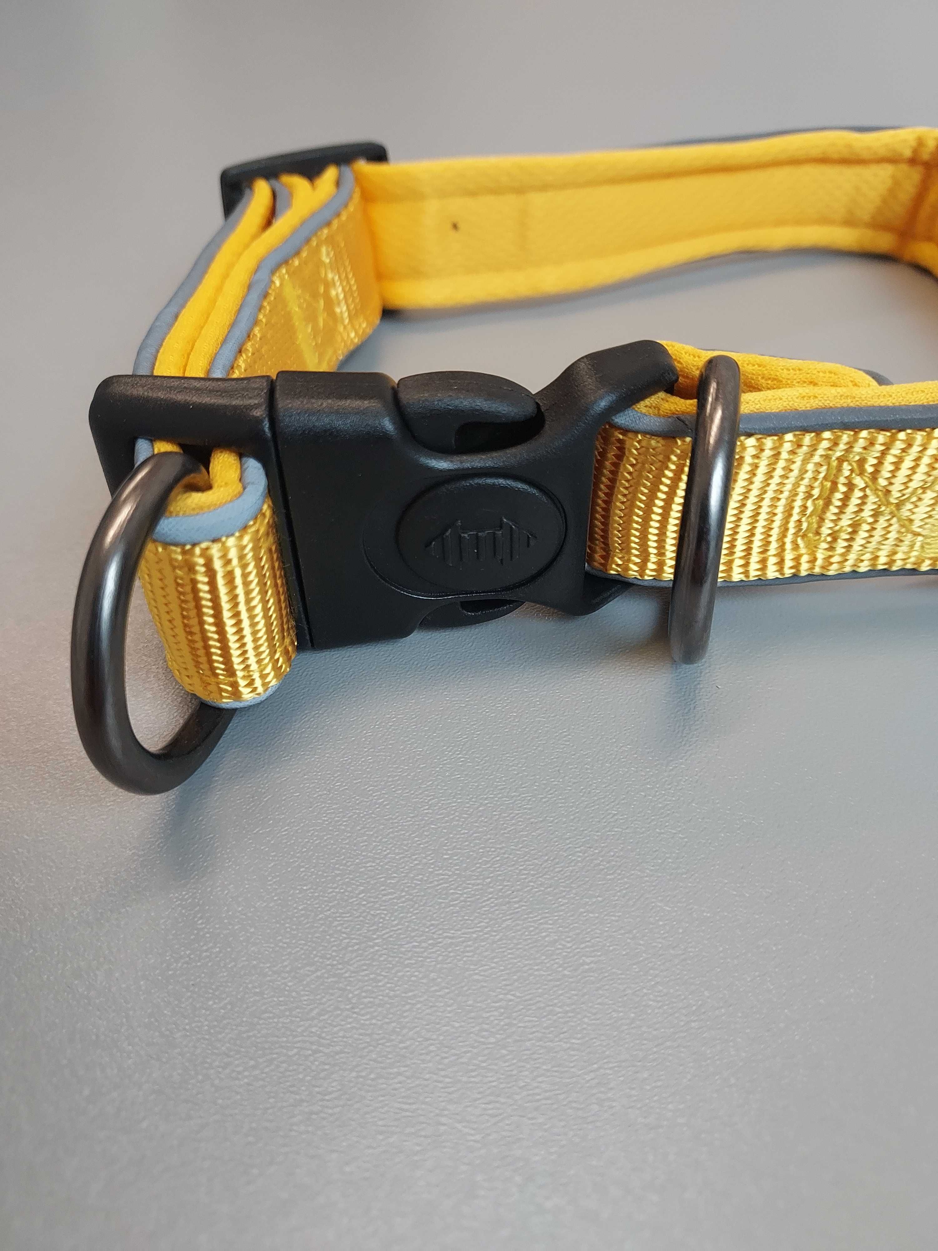 Obroża dla psa M 36–53 cm żółta z blokadą, mocna, miękka, odblask