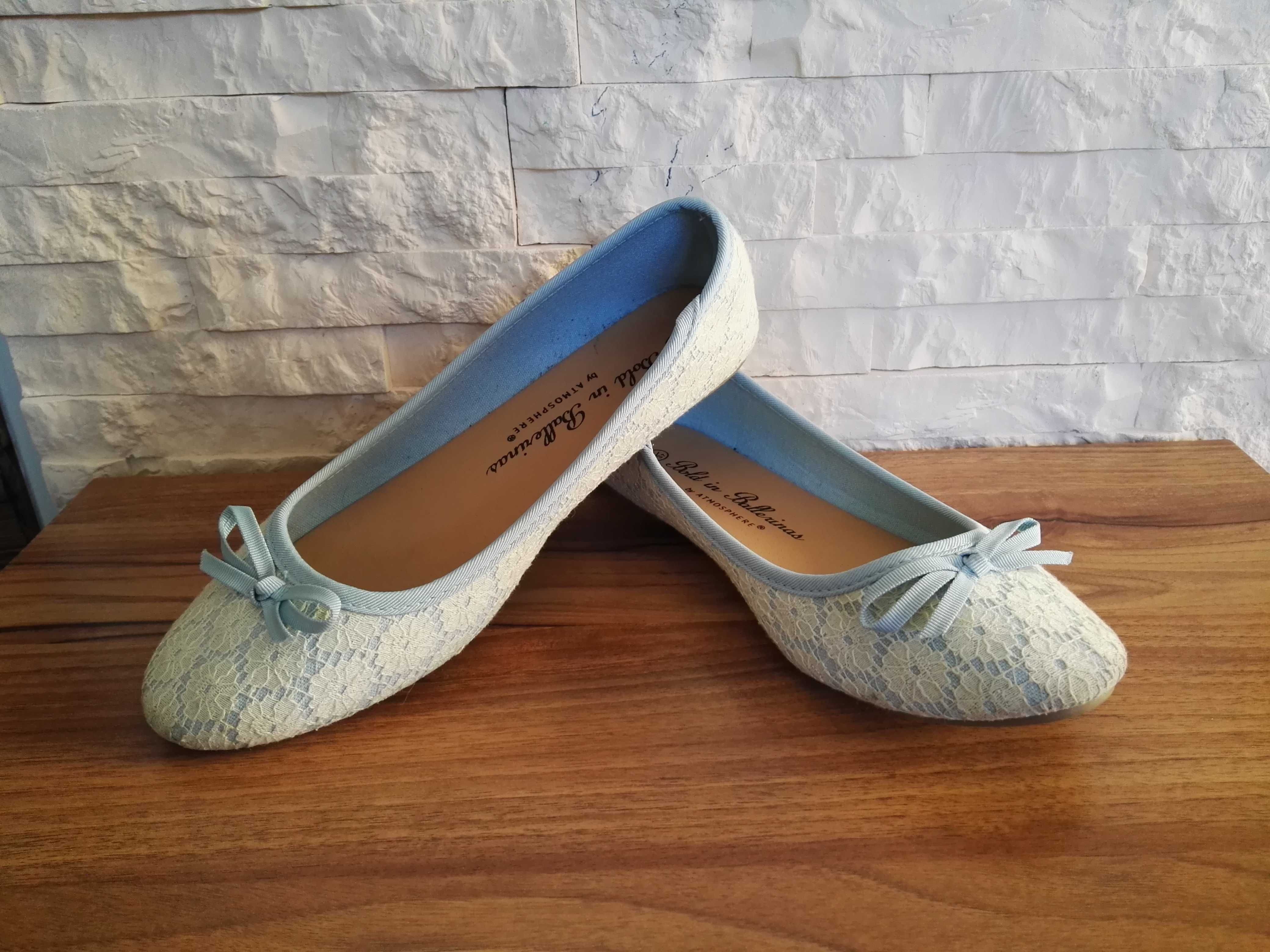 Baleriny ażurowe 37 biało niebieskie baletki koronkowe pantofle