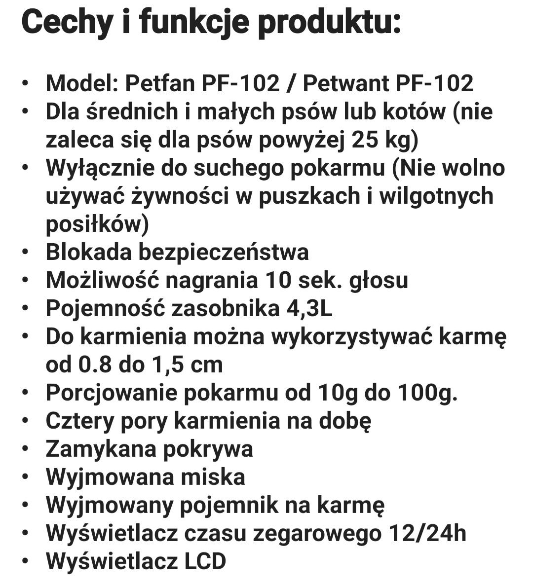 Automatyczny podajnik do karmy Petwant Pf-102