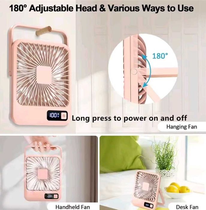 USB вентилятор з акумулятором, 5 швидкостей, цифровий LED-дисплей