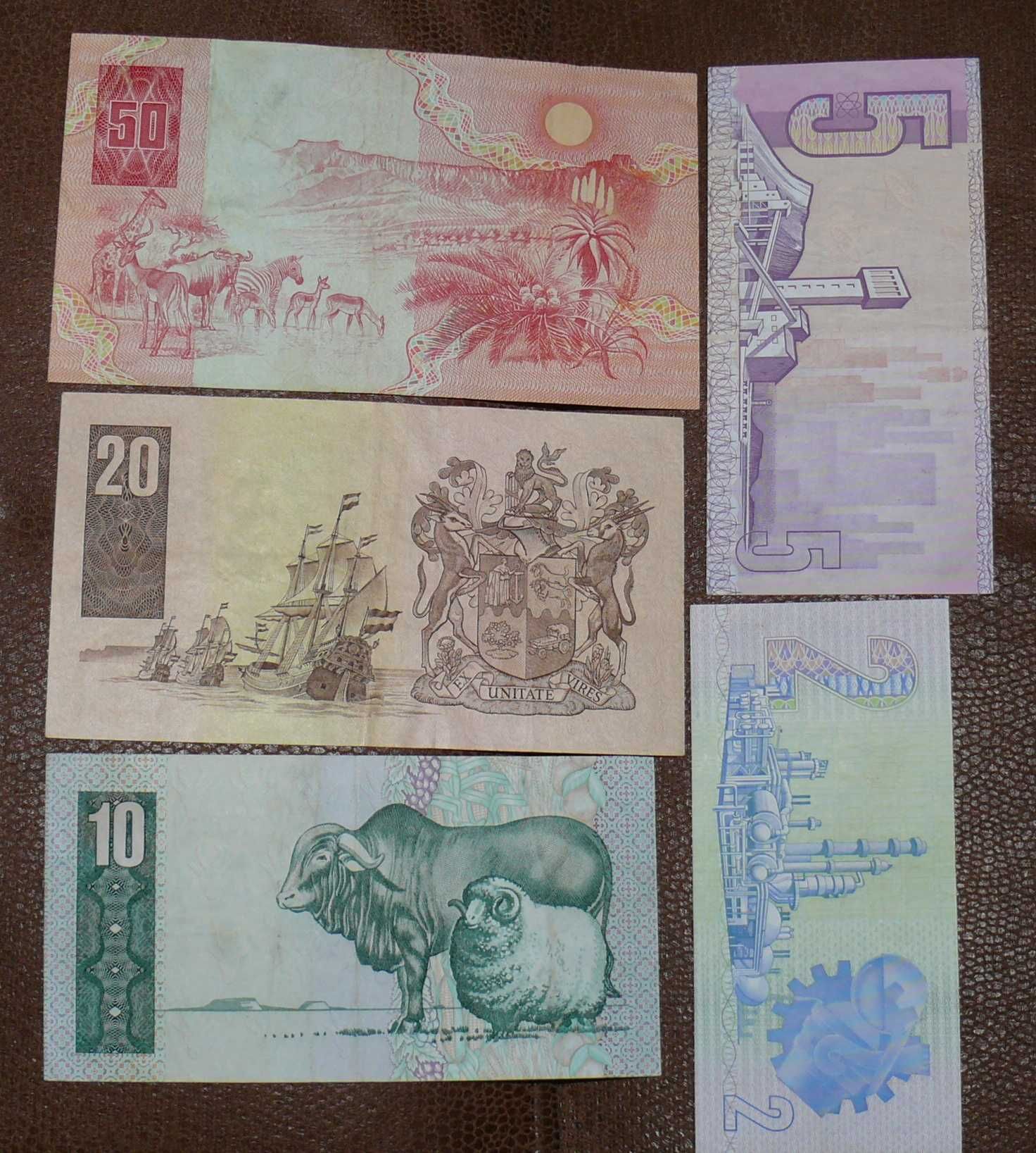 Banknoty Afryka -  RPA 2, 5, 10, 20, 50 rand - zestaw 5 szt.