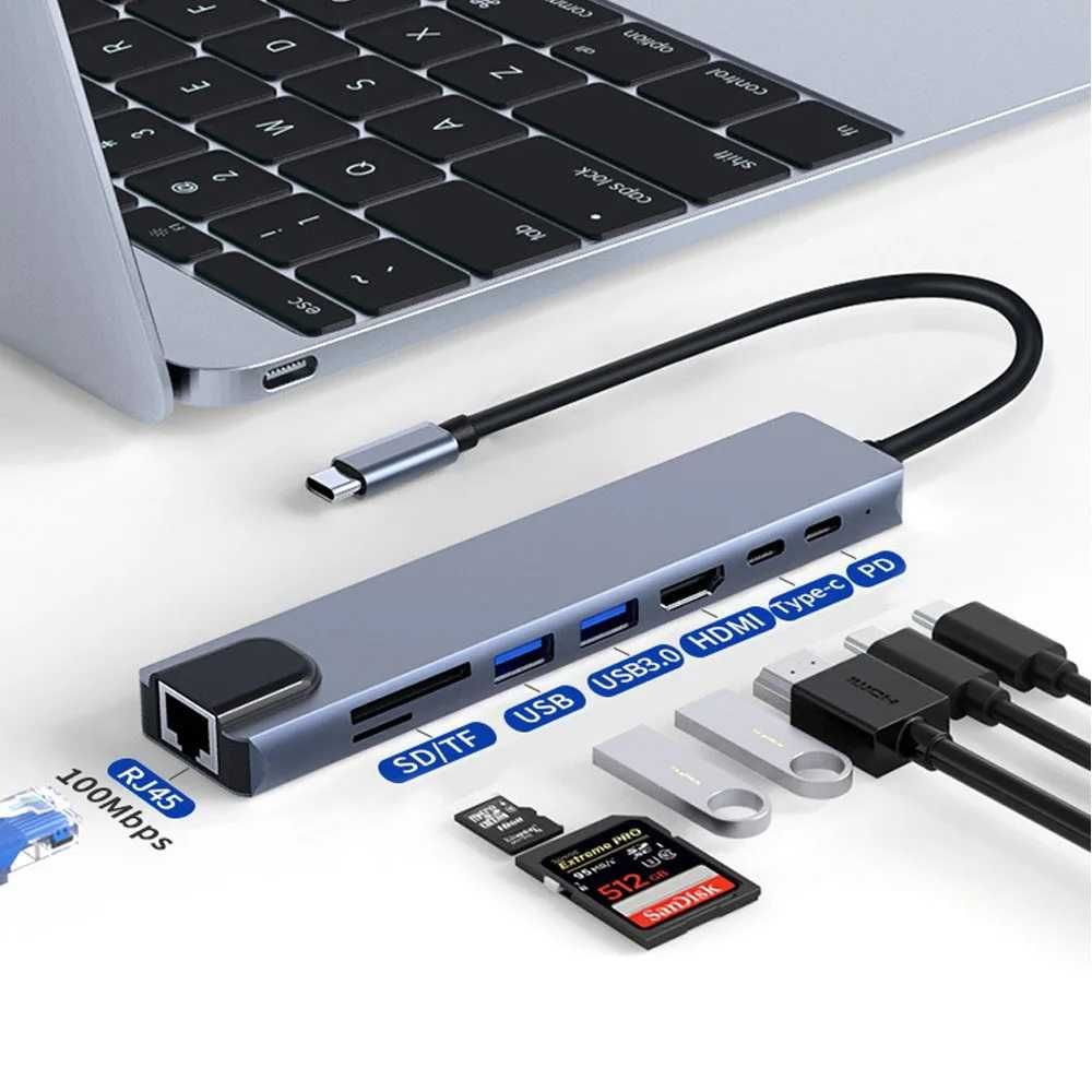 USB Type-C Хаб 8 в 1 [HDMI 4K, LAN 100М, PD 87W, USB 3.0 SS, TF/SD]