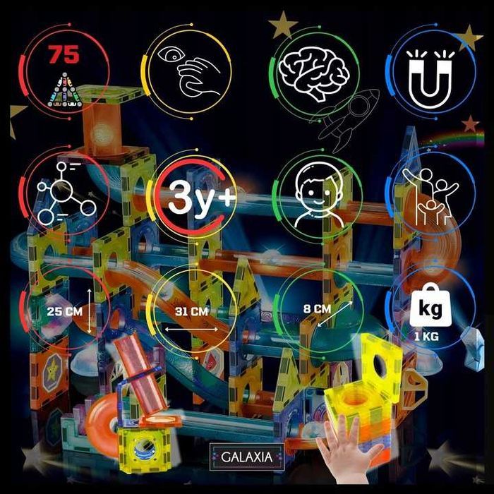 Klocki MAGNETYCZNE Duże 75el Konstrukcyjne LED Dla Dzieci TOR KULKOWY