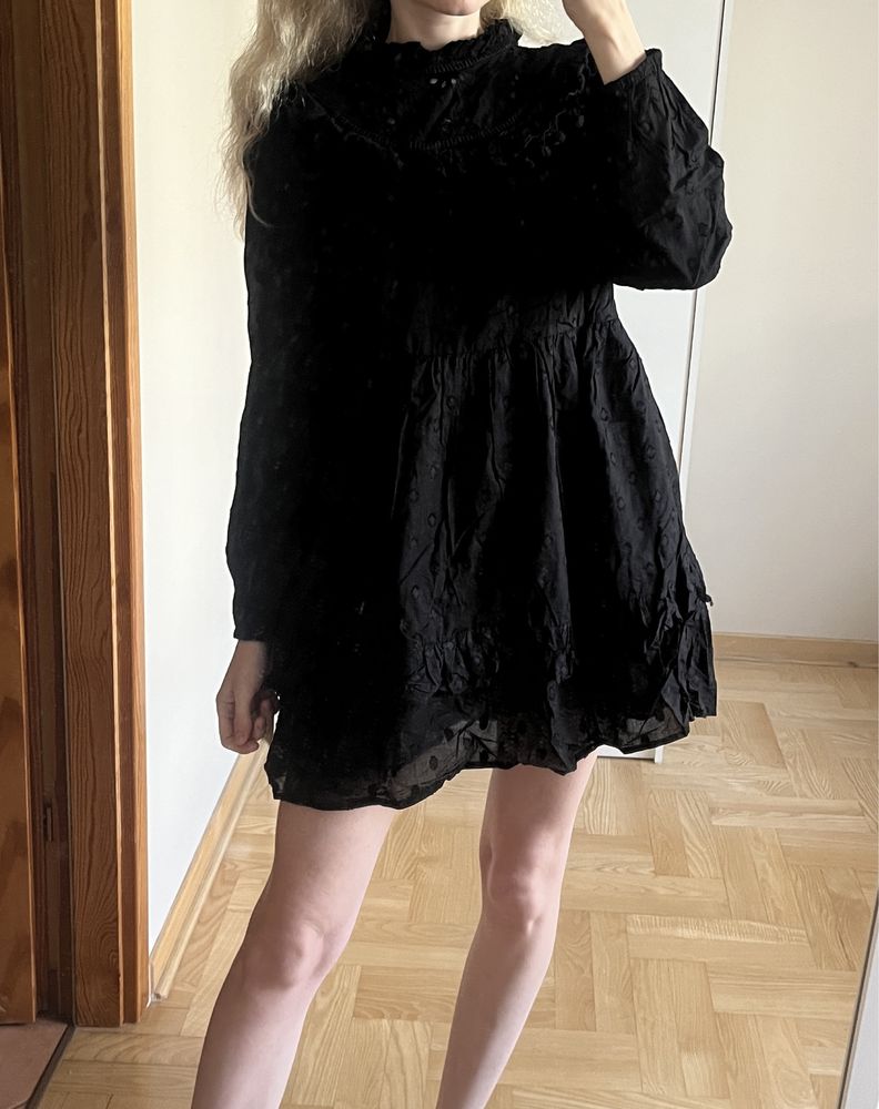 Czarna sukienka z długim rękawem 42 kropki retro