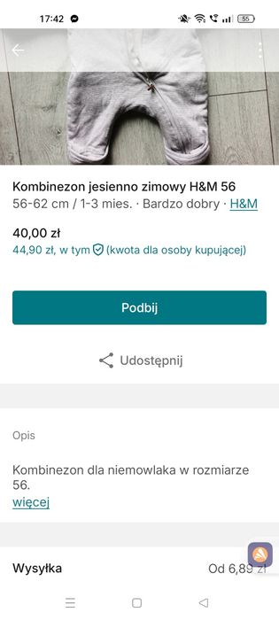 Kombinezon H&M misio zimowy rozmiar 56