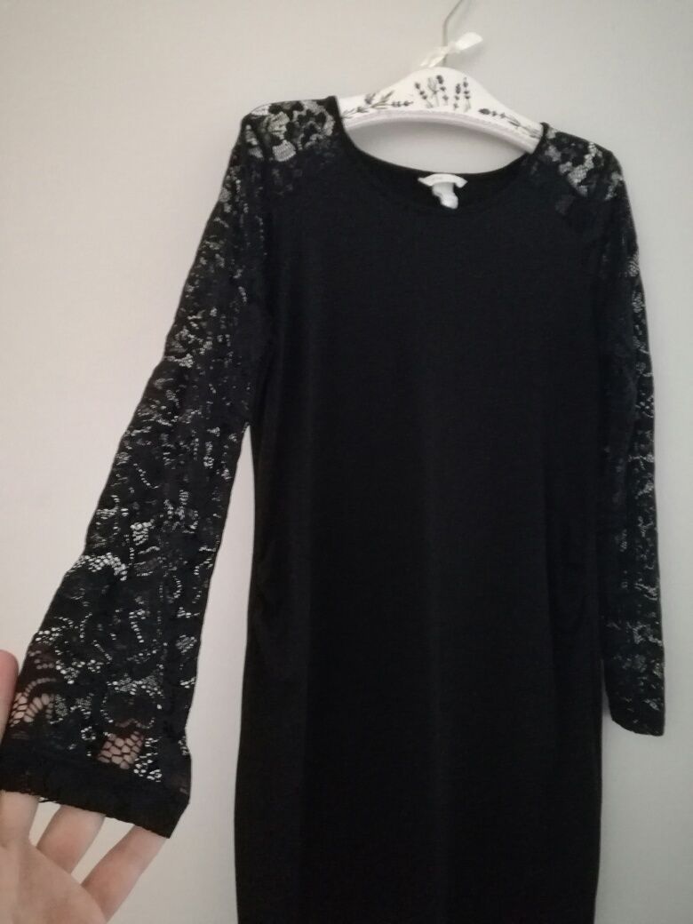 Czarna, ciążowa, elegancka sukienka, koronkowe rekawy H&M MAMA, r. L