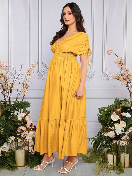 Sukienka Ciążowa Rozkloszowana Z Falbankami Casual Maxi Żółta Shein Xl