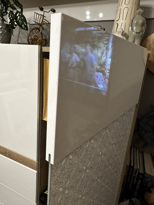 Zestaw mebli - witryna i szafka pod TV, biały połysk-dąb sonoma