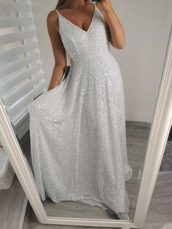 Sukienka ślubna biała Asos cekiny cekinowa maxi Zdobiona M