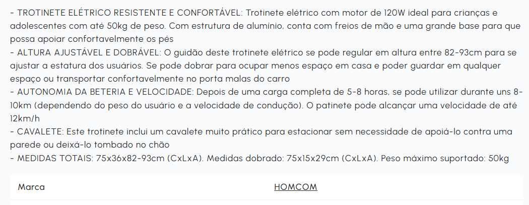 HOMCOM Trotinete Elétrico Dobrável