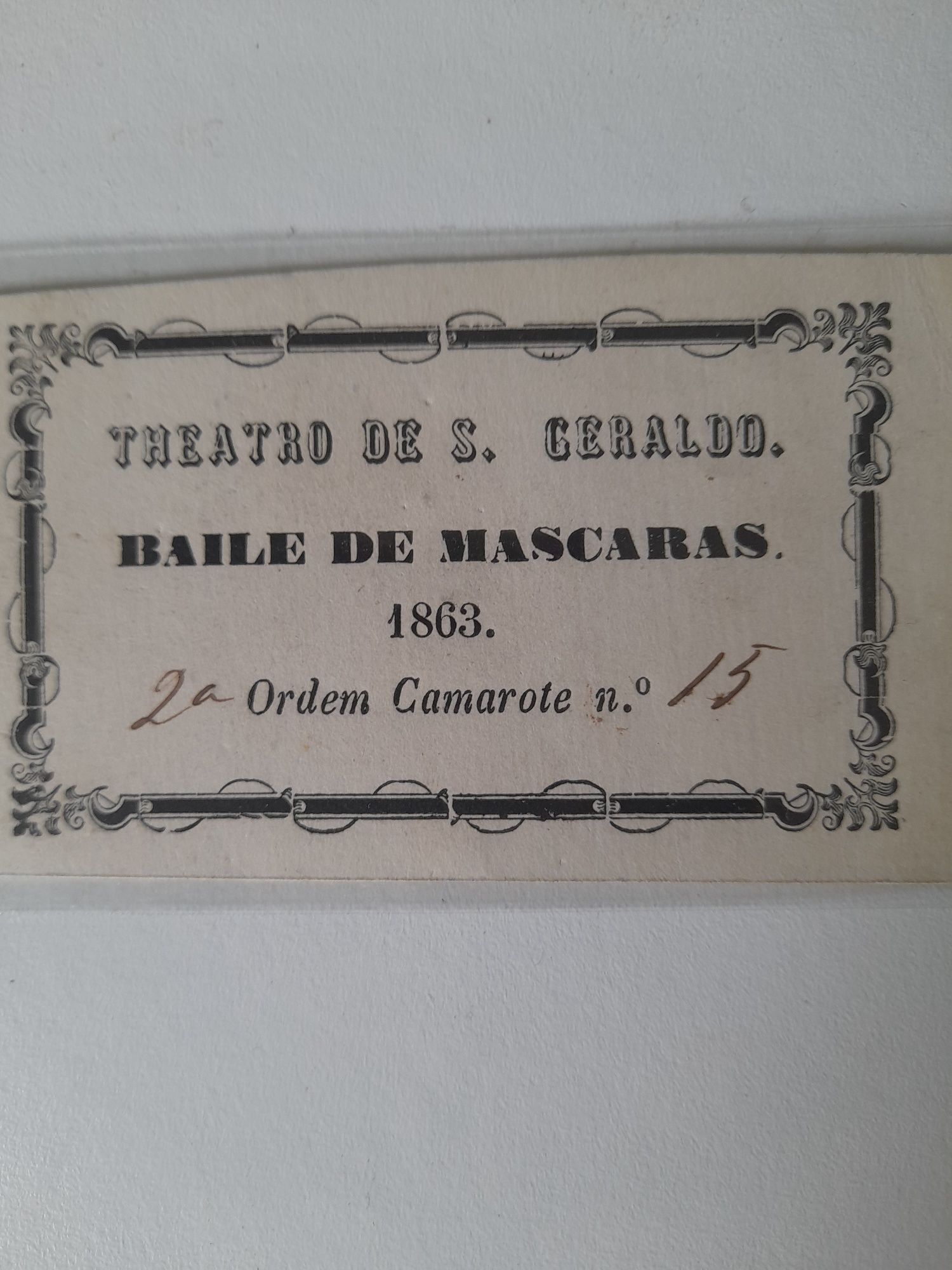 Theatro de S. Geraldo- Bilhete para Baile de Mascaras 1863