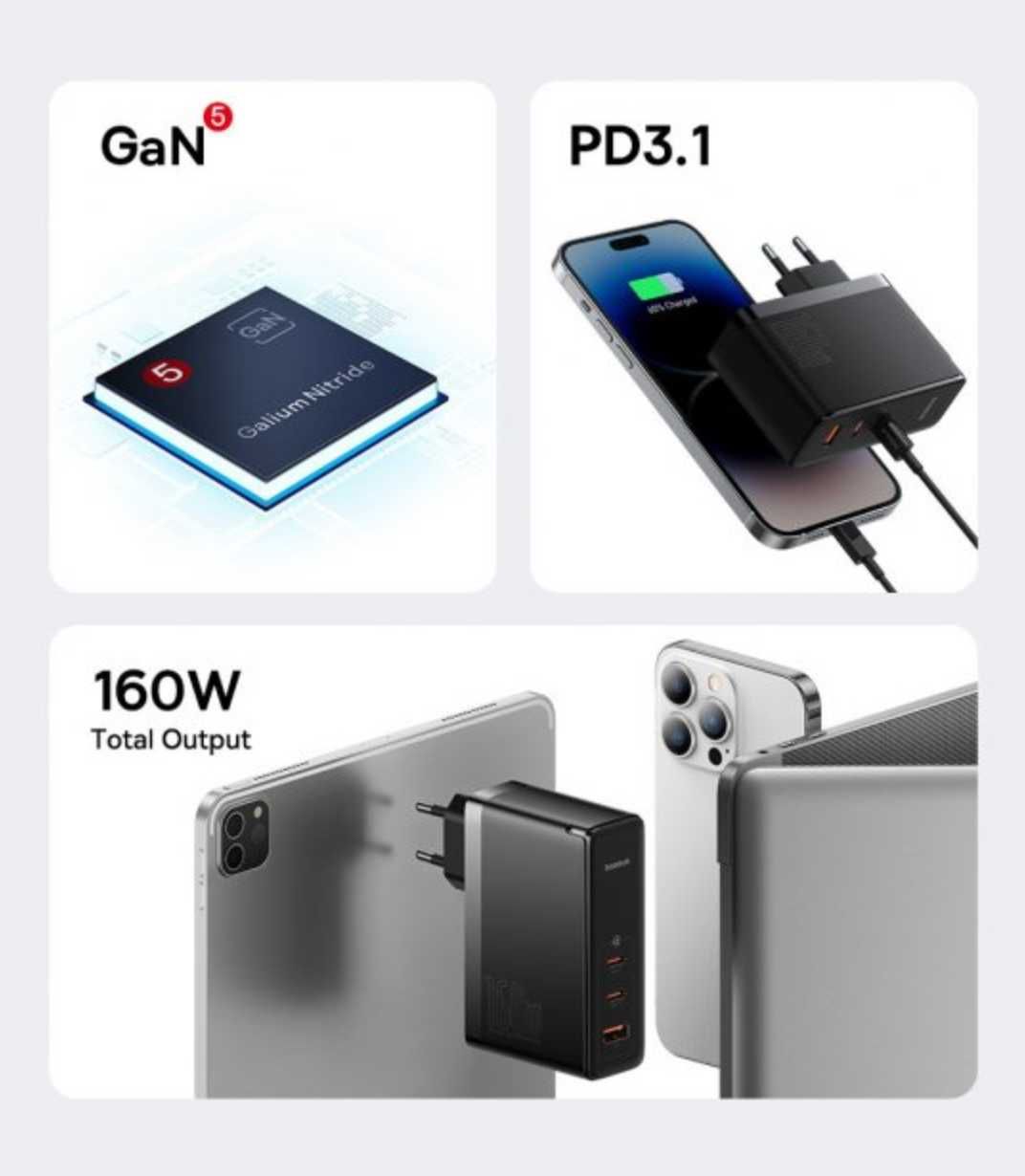Зарядний пристрій Baseus GaN5 Pro Charger 160W + кабель в копмлекті.